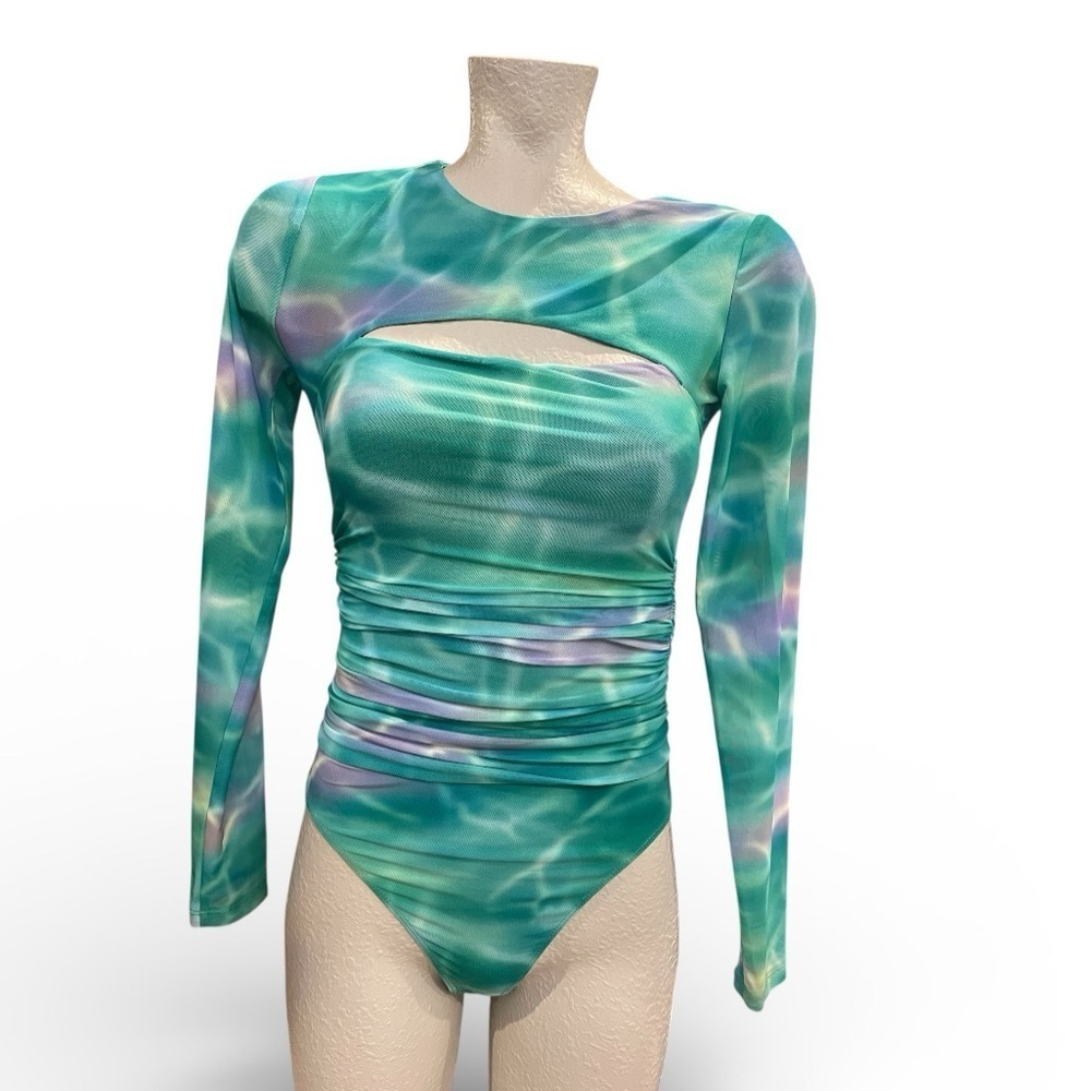 Bar III Teal, purple and White mesh bodysuit, size XS NWT